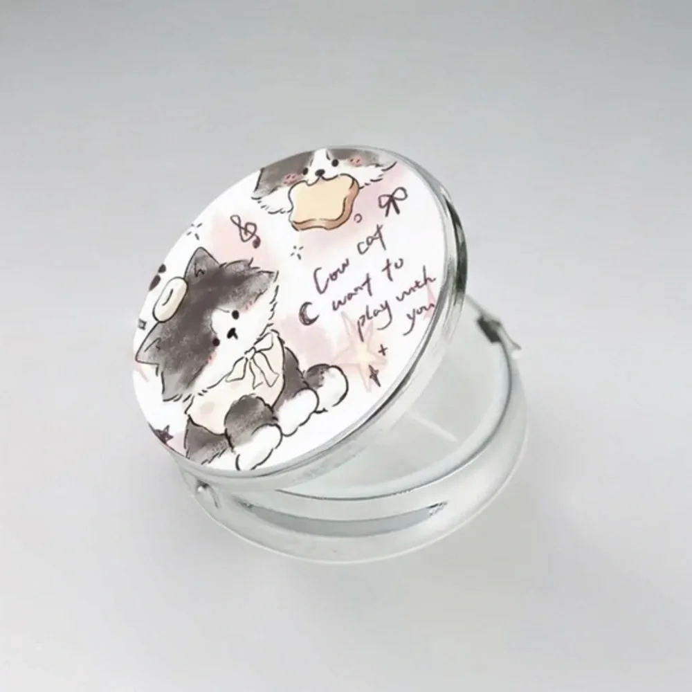 Cute Tabby Cat Pill Case, 3 Compartment Holder, Kawaii Kitty Compact Mirror